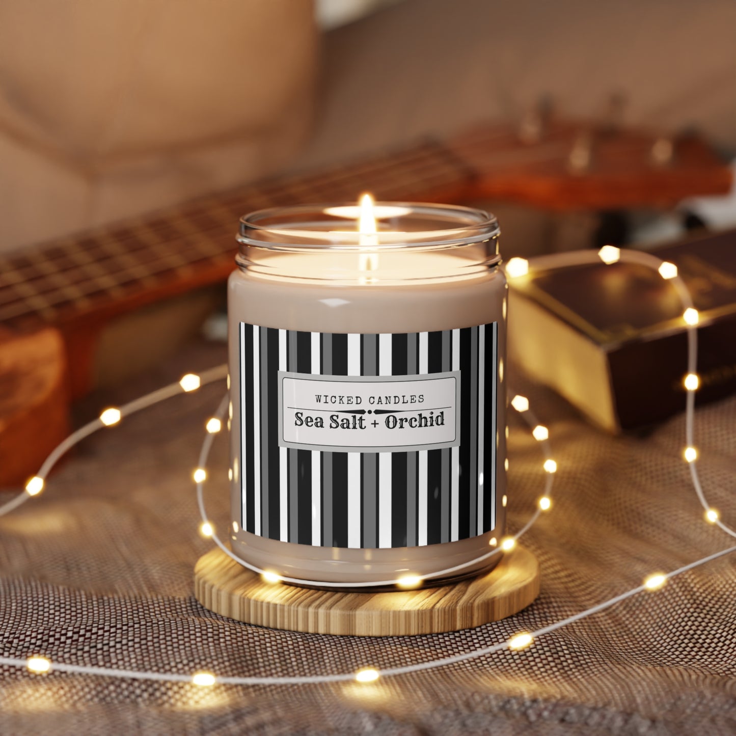 Funky 70's Style Retro Striped Scented Soy Candle, 9oz in Monochrome Black/White/Grey