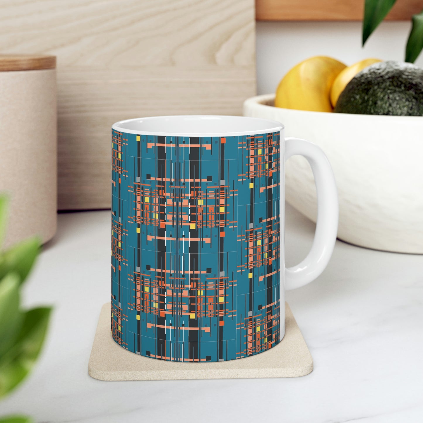 Bamboo Inspired Graphic Ceramic Mug in Medium Electric Blue