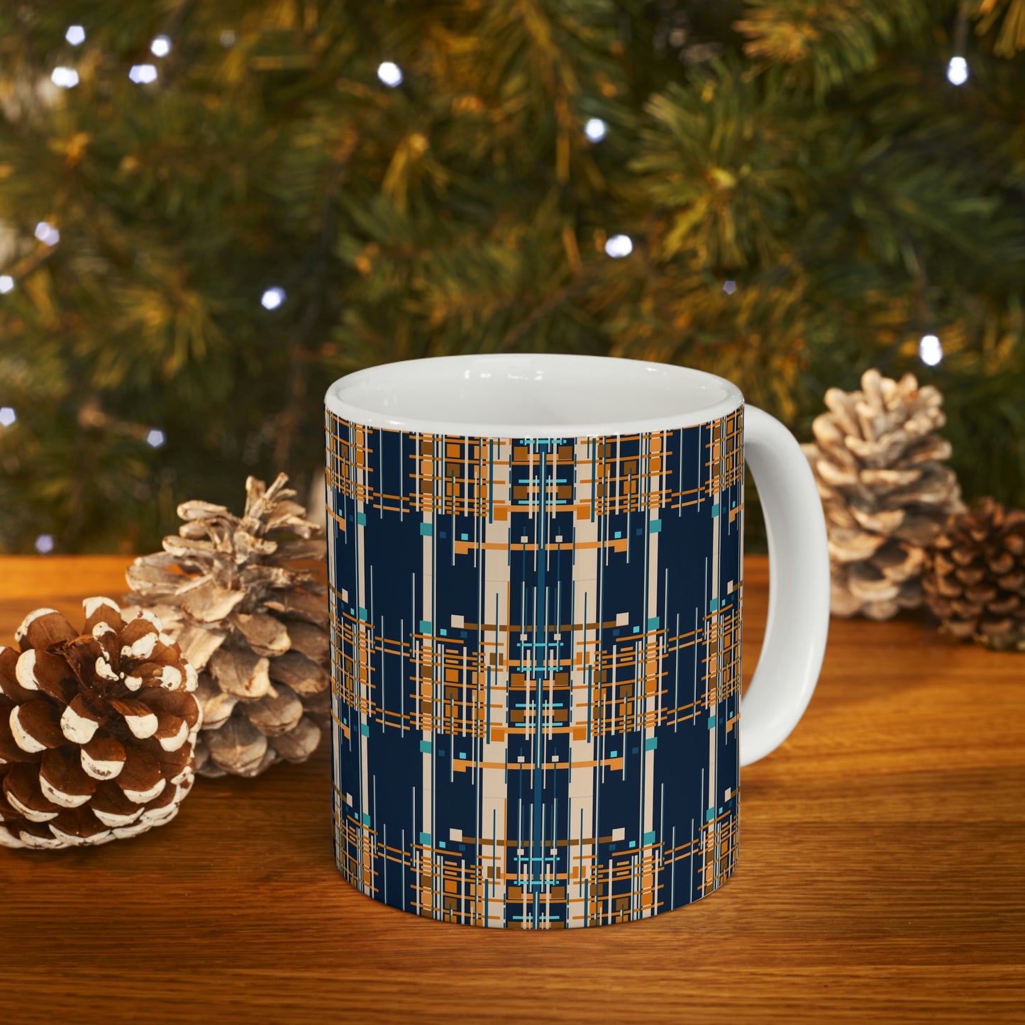 Bamboo Inspired Graphic Ceramic Mug in Dark Blue