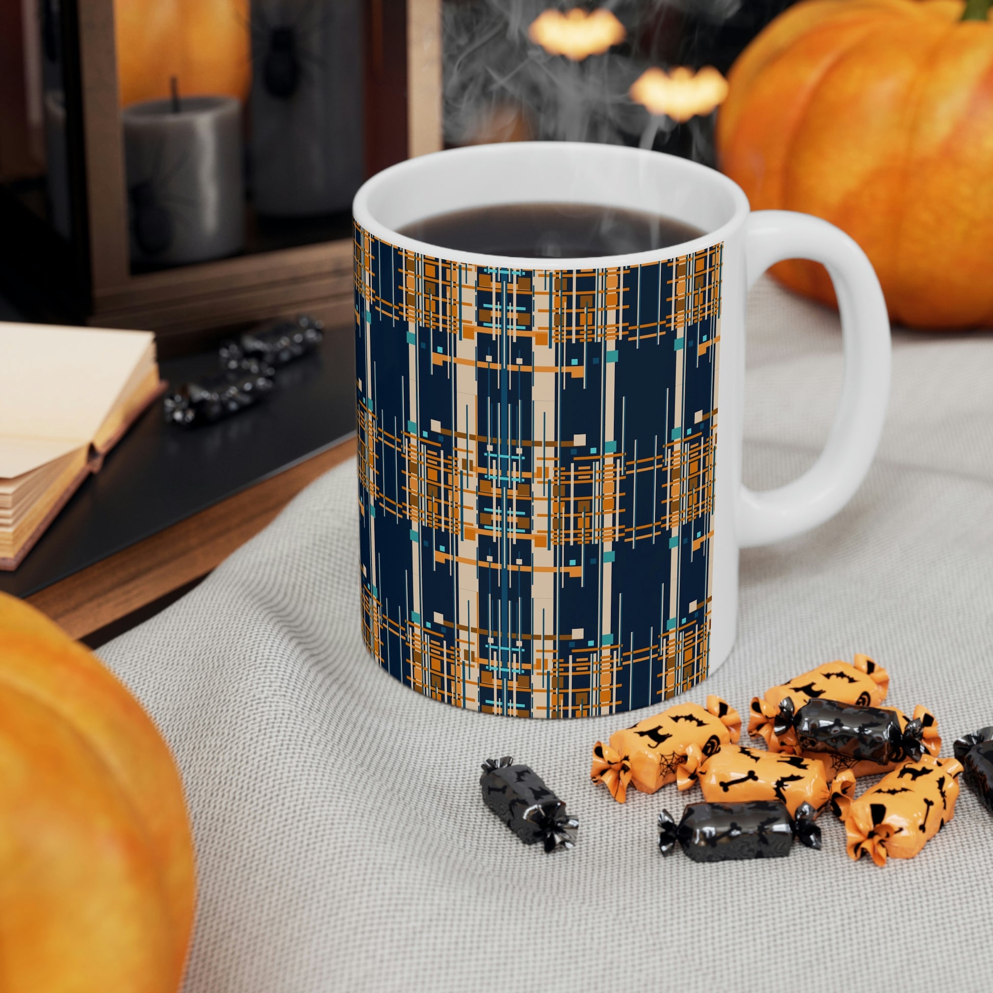 Bamboo Inspired Graphic Ceramic Mug in Dark Blue