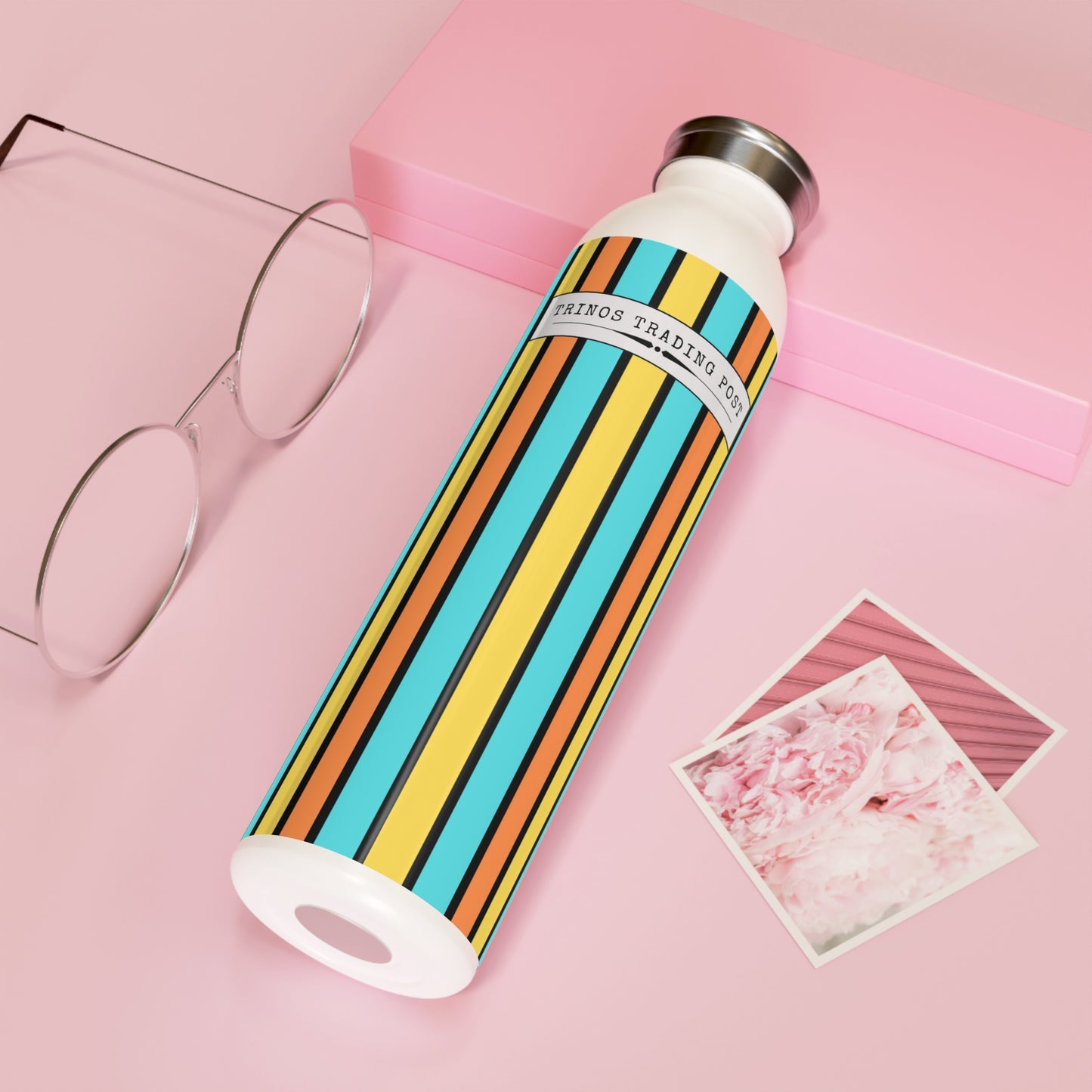 FUnky 70's Style Retro Striped 20oz Slim Water Bottle in Goldenrod/Teal/Orange